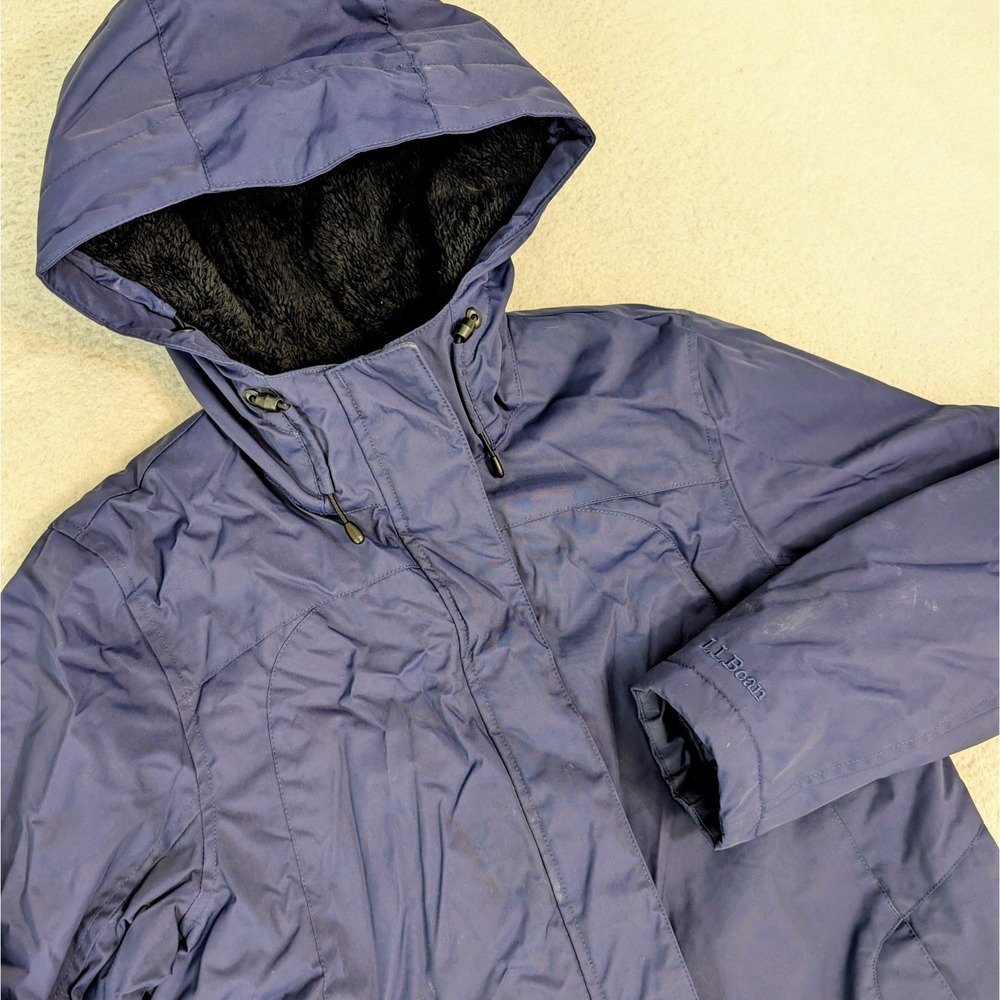 LL Bean Winter Warm Fuzzy Fleece Lined Womens Sm Full Zip SnapJacket W/Hood Blue
